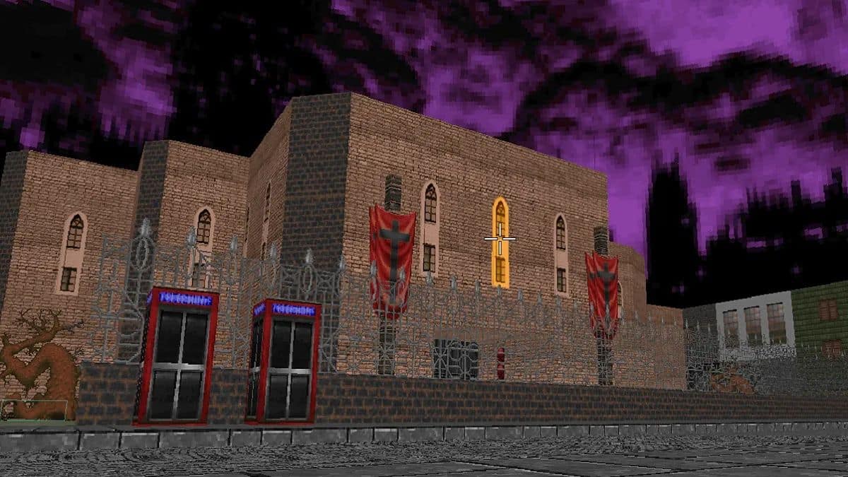 Doom 2: A brown, menacing building with a dark purple sky behind it.