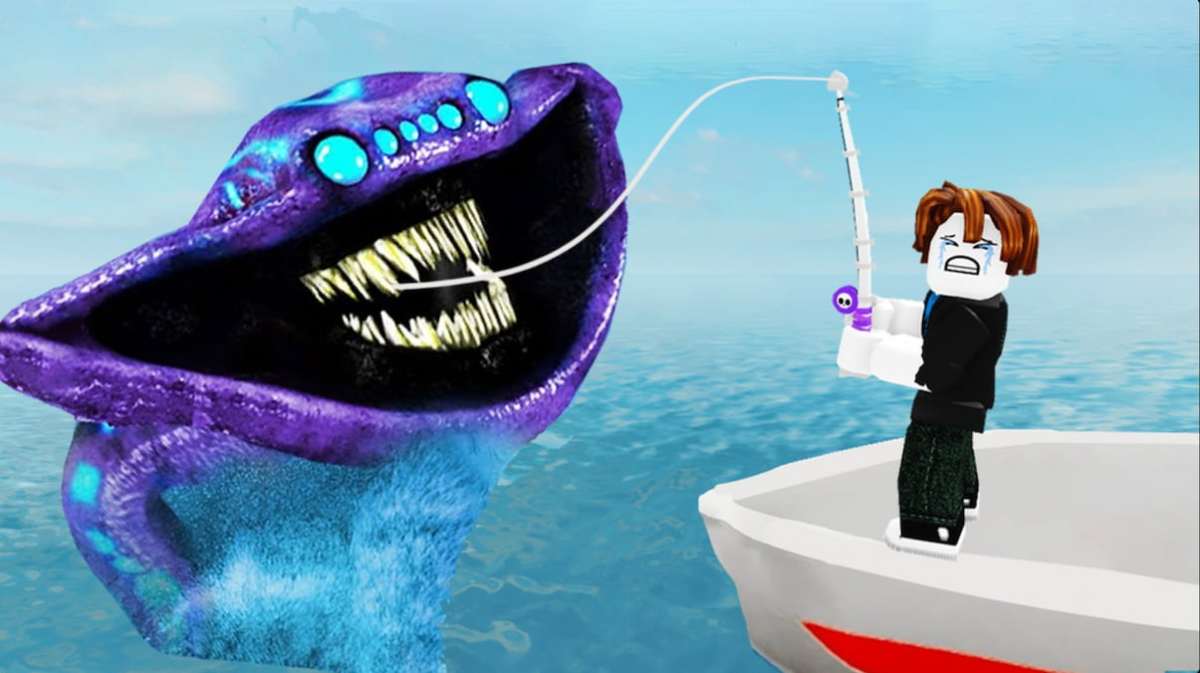 A Roblox character is reeling in a giant sea monster