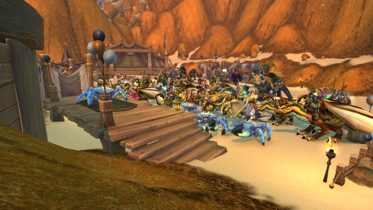 A gathering of players on their mounts, showing off for the event